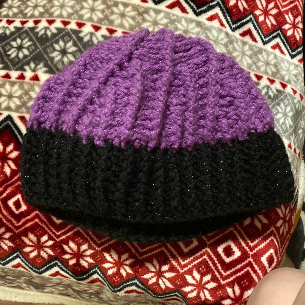Purple and black knitted beanie